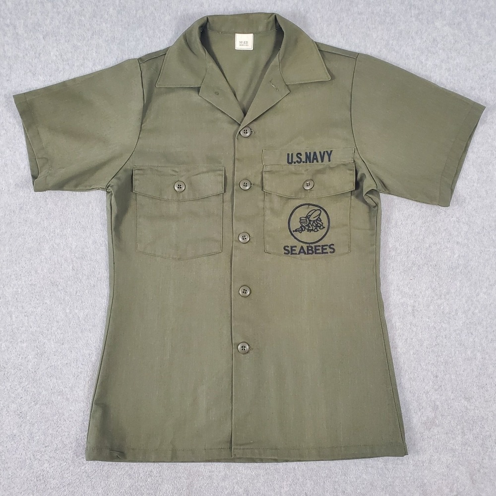 Vintage 80s US Navy Seabees Shirt Small 14.5 31 Olive Drab OG 507 Utility USN